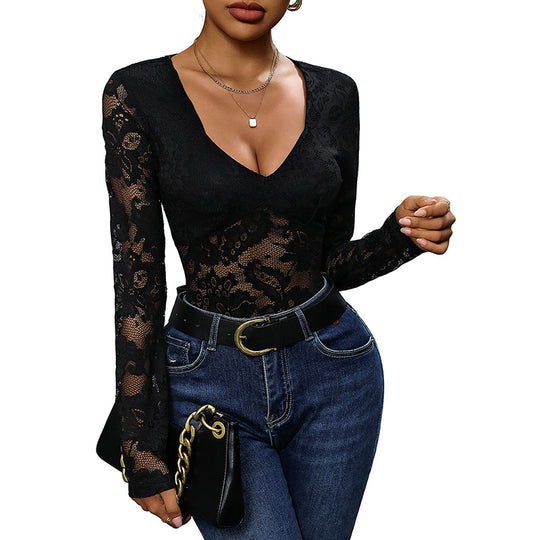 Damen Figurbetonter Spitzen-Body mit tiefem V-Quadratausschnitt und langen Ärmeln Shop Nory