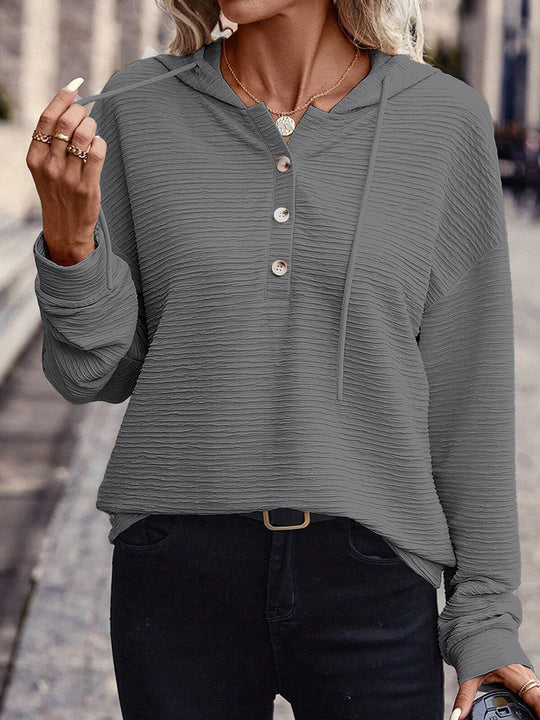 Damen Lässiges strukturiertes Kapuzen-Henley-Shirt mit Knopfleiste und Oversize-Schnitt Shop Nory