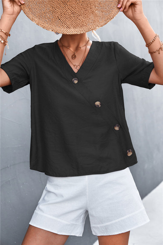 Damen lässige Bluse mit Wickeloptik und Knopfdetails