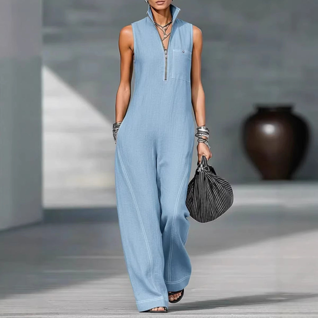 Damen Utility-Jumpsuit mit hochgeschlossenem Kragen und tiefem Reißverschluss Shopnory