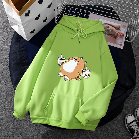 Damen nan niedlicher Kapuzenpullover mit Kängurutasche, oversized Schnitt und Bubble‑Tea Corgi-Print Shop Nory