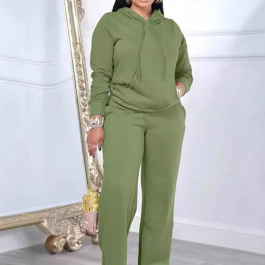 Damen nan Relax-Loungewear-Set mit weitem Highwaist-Palazzo-Jogger, Kapuzenpullover mit Kängurutasche und seitlichem Saumschlitz Shop Nory