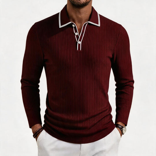 Herren fein geripptes Langarm-Poloshirt aus elastischer Merino-Mixqualität mit Kontrastkanten Shop Nory