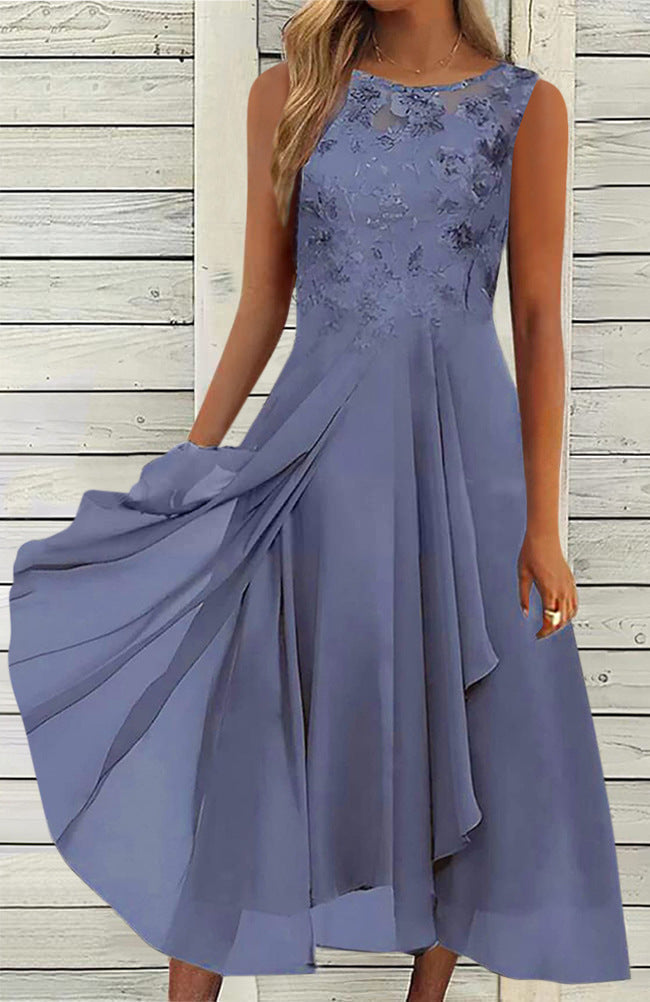 Damen nan ärmelloses Chiffon-Midikleid mit bestickter Brustpartie und asymmetrischem Lagenrock