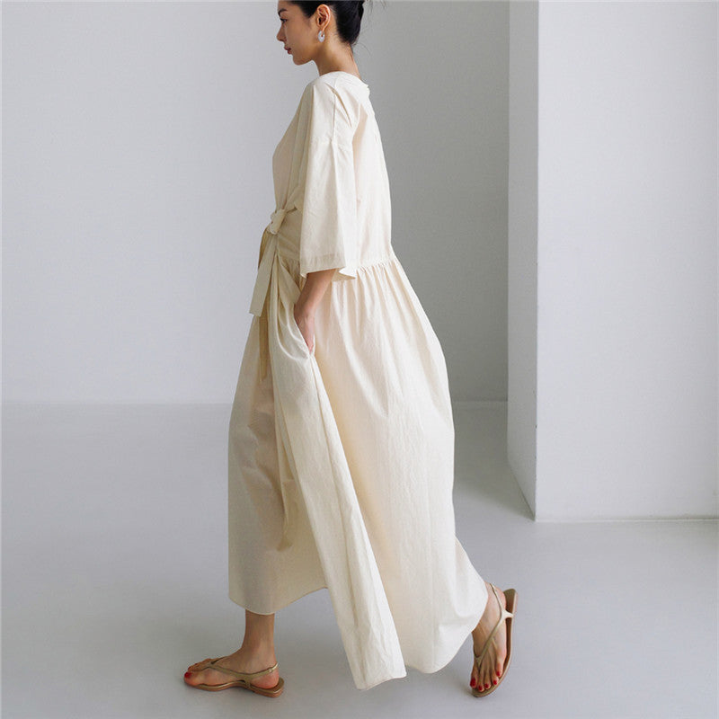 Damen Langes Baumwoll-Maxikleid mit Wickelgürtel und Eingrifftaschen Shop Nory