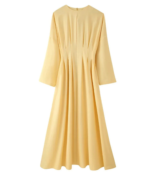 Damen Maxikleid mit plissierten Oberteilfalten, weitem Rock und langen Glockenärmeln Shop Nory