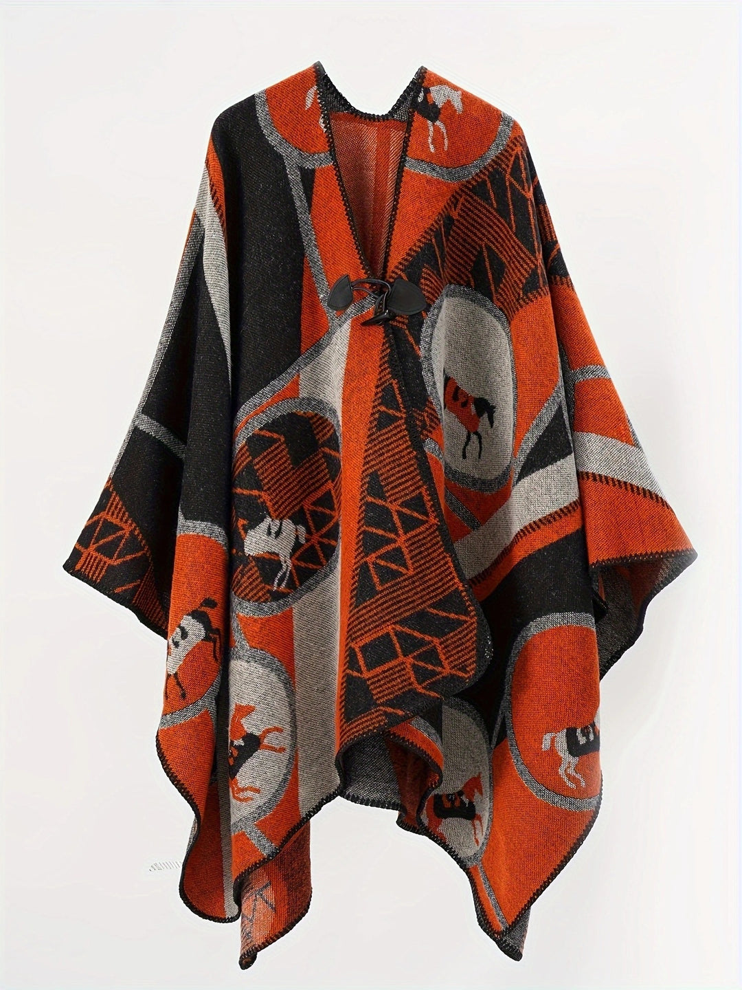 Damen Wollmix-Jacquard-Ruana mit Pferdemotiv, Knebelverschluss und offener Kimono-Silhouette Shop Nory