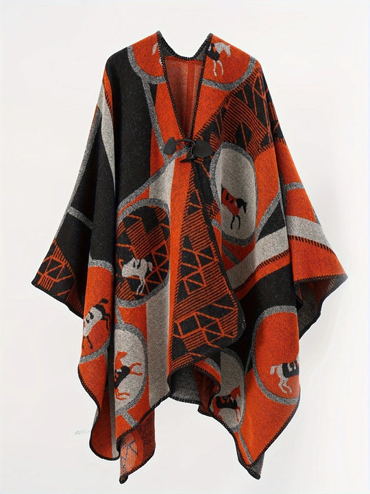 Damen Wollmix-Jacquard-Ruana mit Pferdemotiv, Knebelverschluss und offener Kimono-Silhouette Shop Nory