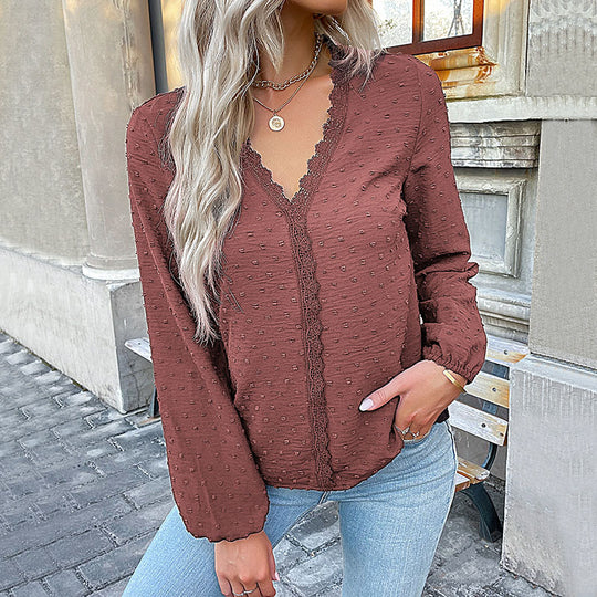 Damen Strukturbluse mit V-Ausschnitt, Spitzenborte und Pünktchenstruktur Shop Nory