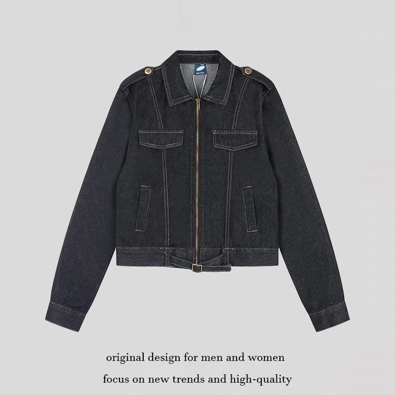 Damen Kurz geschnittene Jeansjacke mit Schulterklappen, Reißverschluss und Taillengürtel Shop Nory
