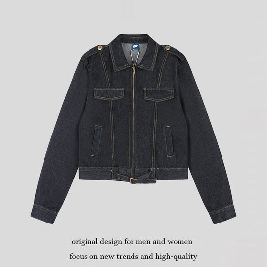 Damen Kurz geschnittene Jeansjacke mit Schulterklappen, Reißverschluss und Taillengürtel Shop Nory