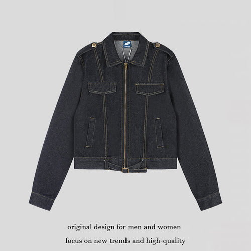 Damen Kurz geschnittene Jeansjacke mit Schulterklappen, Reißverschluss und Taillengürtel Shop Nory