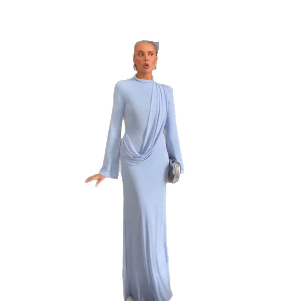 Damen Maxikleid mit Drapierter Front, Stehkragen und Glockenärmeln Shop Nory