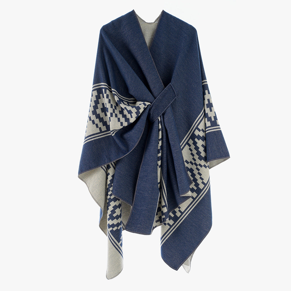Damen Jacquard‑Ruana mit Bindegürtel und geometrischem Muster Shop Nory
