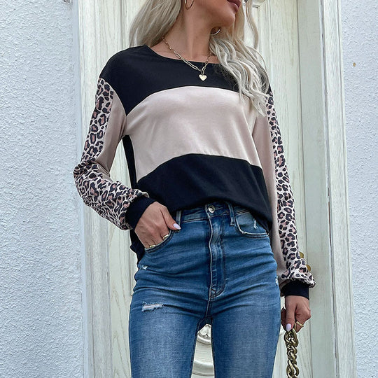 Damen Colorblock-Sweatshirt mit Leopardenärmeln und Rundhalsausschnitt Shop Nory