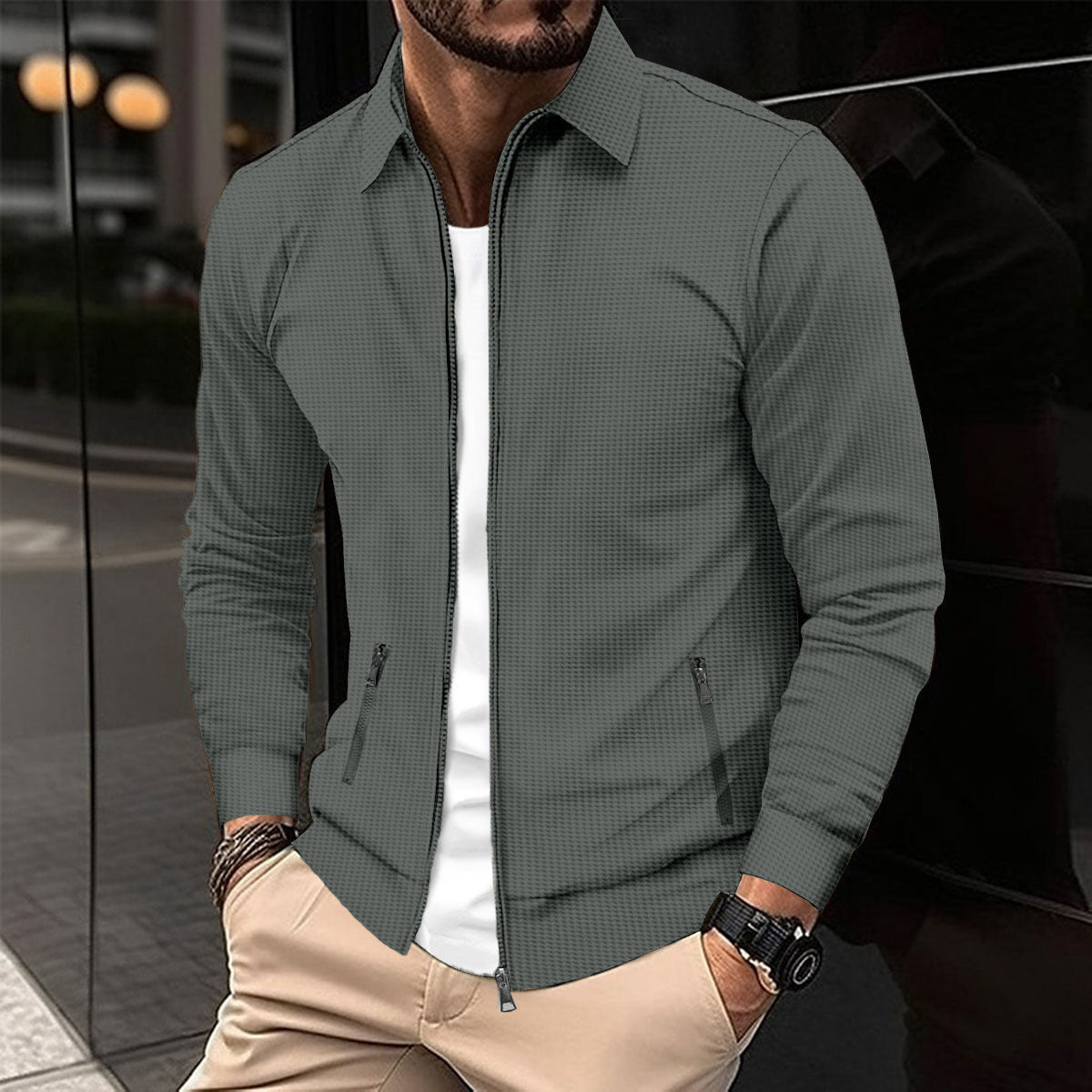 Herren modische Sweatjacke mit strukturierter Oberfläche und praktischen Reißverschlusstaschen