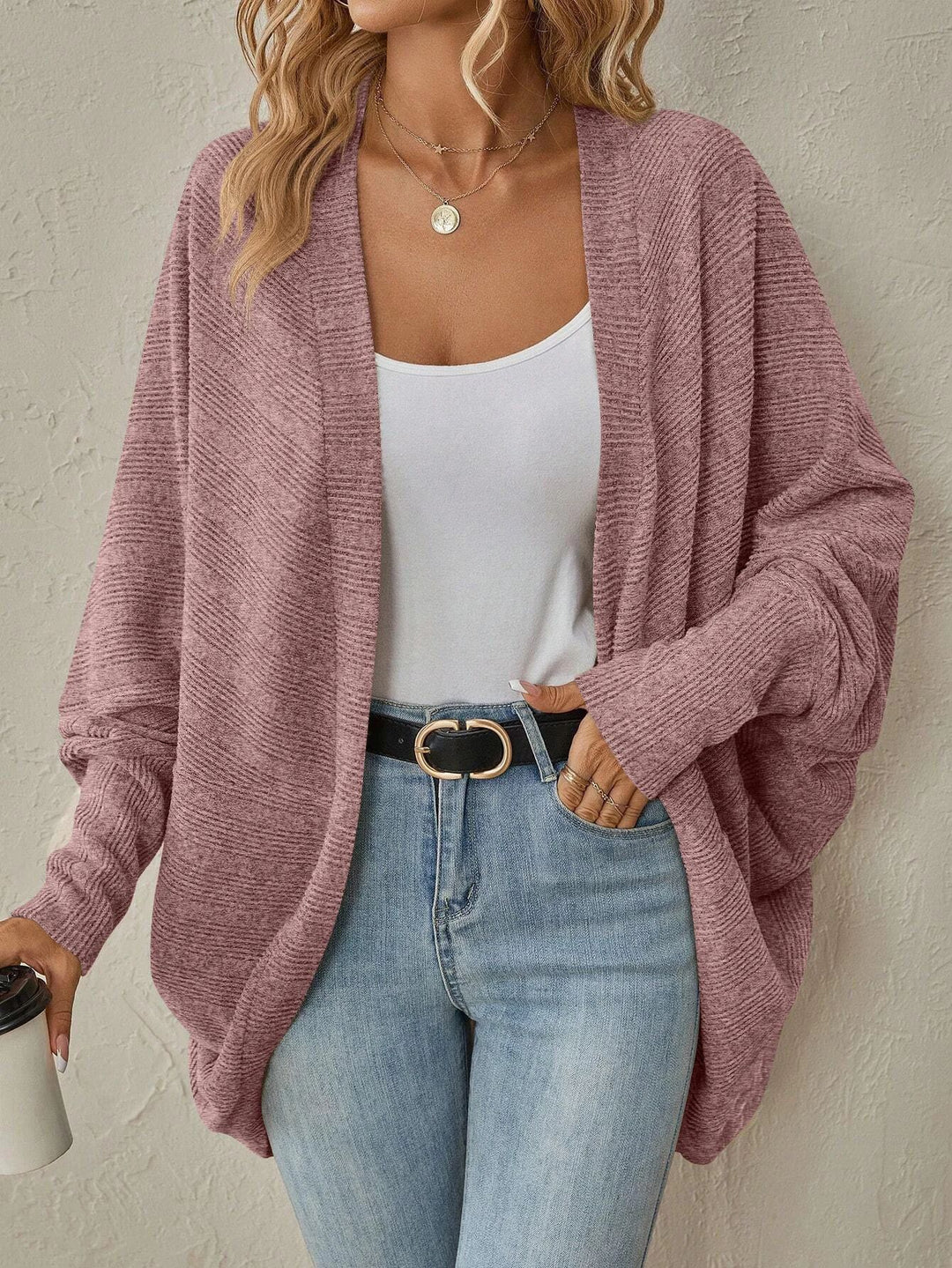 Damen Offener Feinstrick-Cardigan mit Strukturstreifen und überlanger Relax-Silhouette Shop Nory