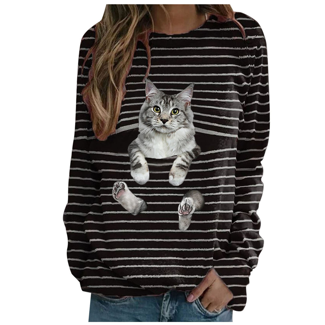 Damen nan lässiger Streifenpullover mit fotorealistischer Katzentasche und Rundhalsausschnitt Shop Nory