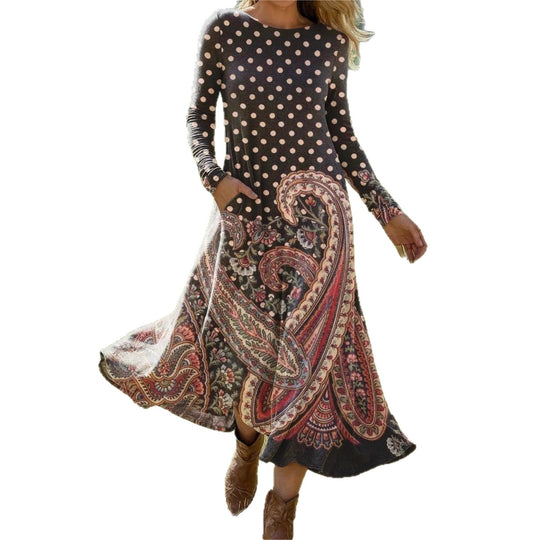 Damen Maxikleid mit Paisley‑ und Polka‑Dot‑Print, langärmeliges A‑Linien‑Jerseykleid Shop Nory