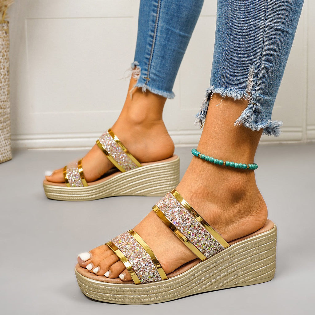 Damen Wedge-Sandalen mit funkelndem Glitter-Design und elegantem Riemensystem Shopnory