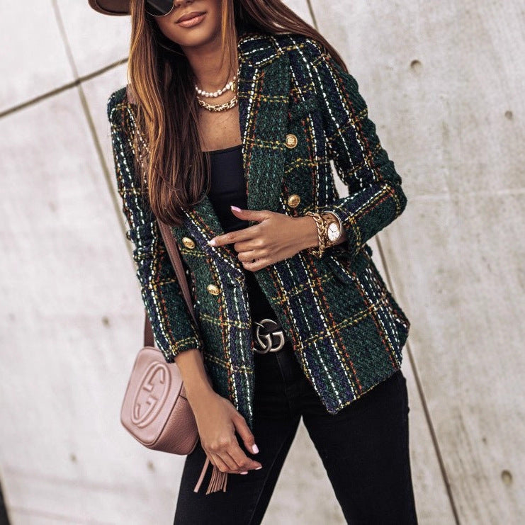 Damen Bouclé-Tweed-Blazer mit Karomuster und doppelreihiger Knopfleiste Shop Nory