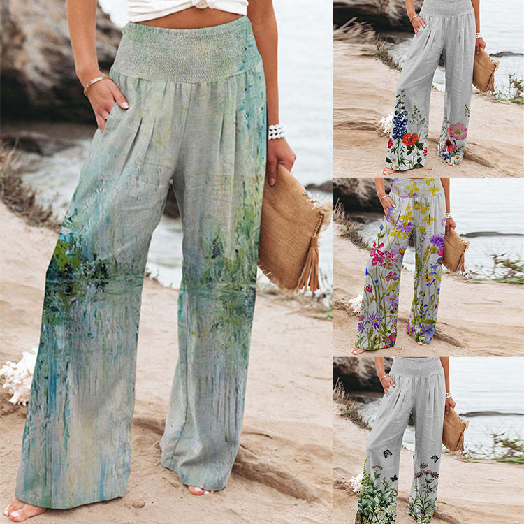 Damen Weite Sommerhose mit floralen Designs und elastischem Bund