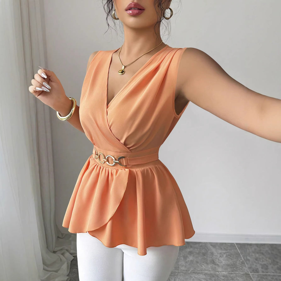 Damen Tailliertes Wickel-Top mit Volant‑Peplum und dekorativem Metallgürtel Shop Nory