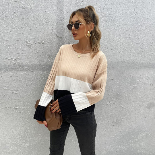 Damen Gerippter Colorblock-Pullover mit weitem Ärmelbündchen Shop Nory