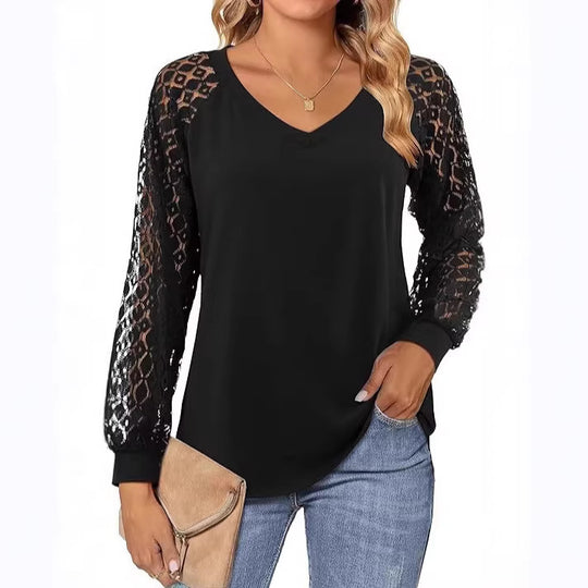 Damen Feines V‑Neck Longsleeve mit transparenten Häkelärmel‑Details Shop Nory