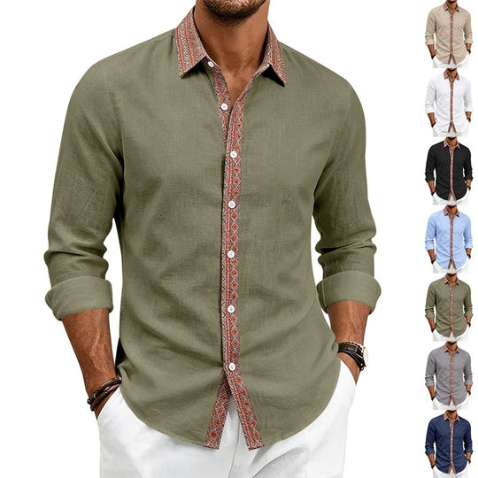 Herren Elegantes Leinenoptik-Hemd mit Ethno-Besatz an Kragen und Knopfleiste Shop Nory
