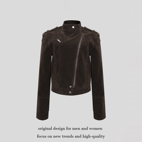 Damen Kurze Veloursleder-Bikerjacke mit asymmetrischem Reißverschluss und Stehkragen Shop Nory