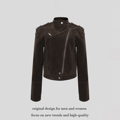 Damen Kurze Veloursleder-Bikerjacke mit asymmetrischem Reißverschluss und Stehkragen Shop Nory