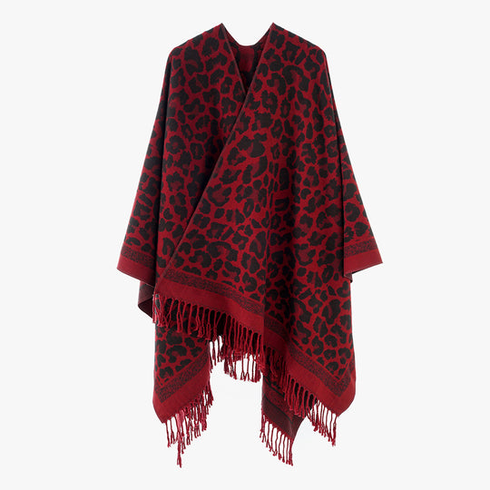 Damen Jacquard‑Poncho mit Leopardenmuster, Fransen und offenem Oversize‑Schnitt Shop Nory