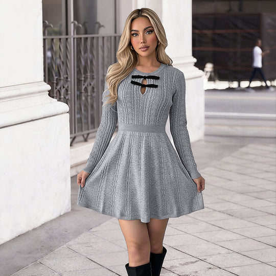 Damen Strick-Minikleid mit tailliertem A-Linien-Rock, Zieröffnung und Banddetails Shop Nory