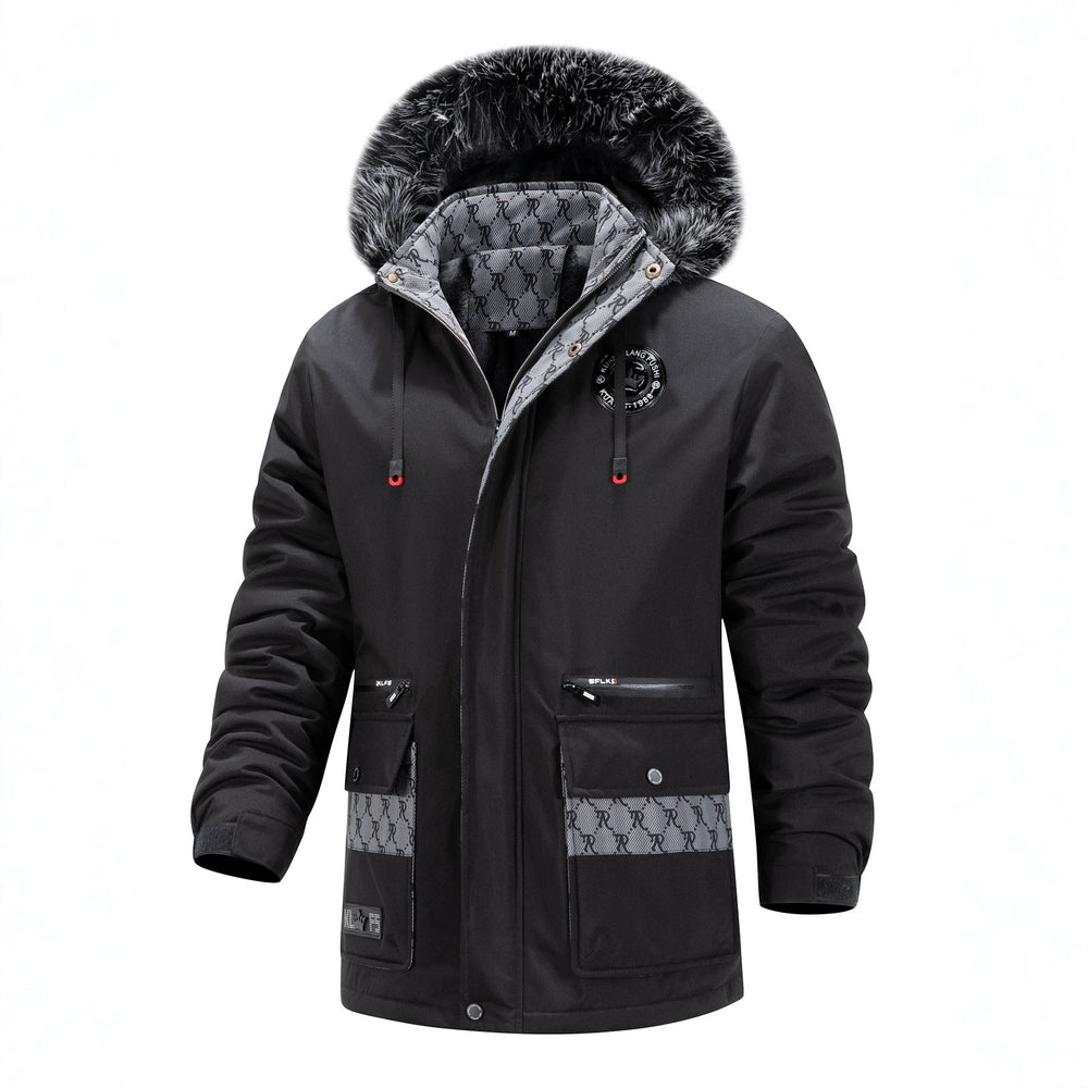 Herren Langer Thermo-Parka mit Kapuze, Logo-Innenfutter und Multifunktions-Taschen Shop Nory
