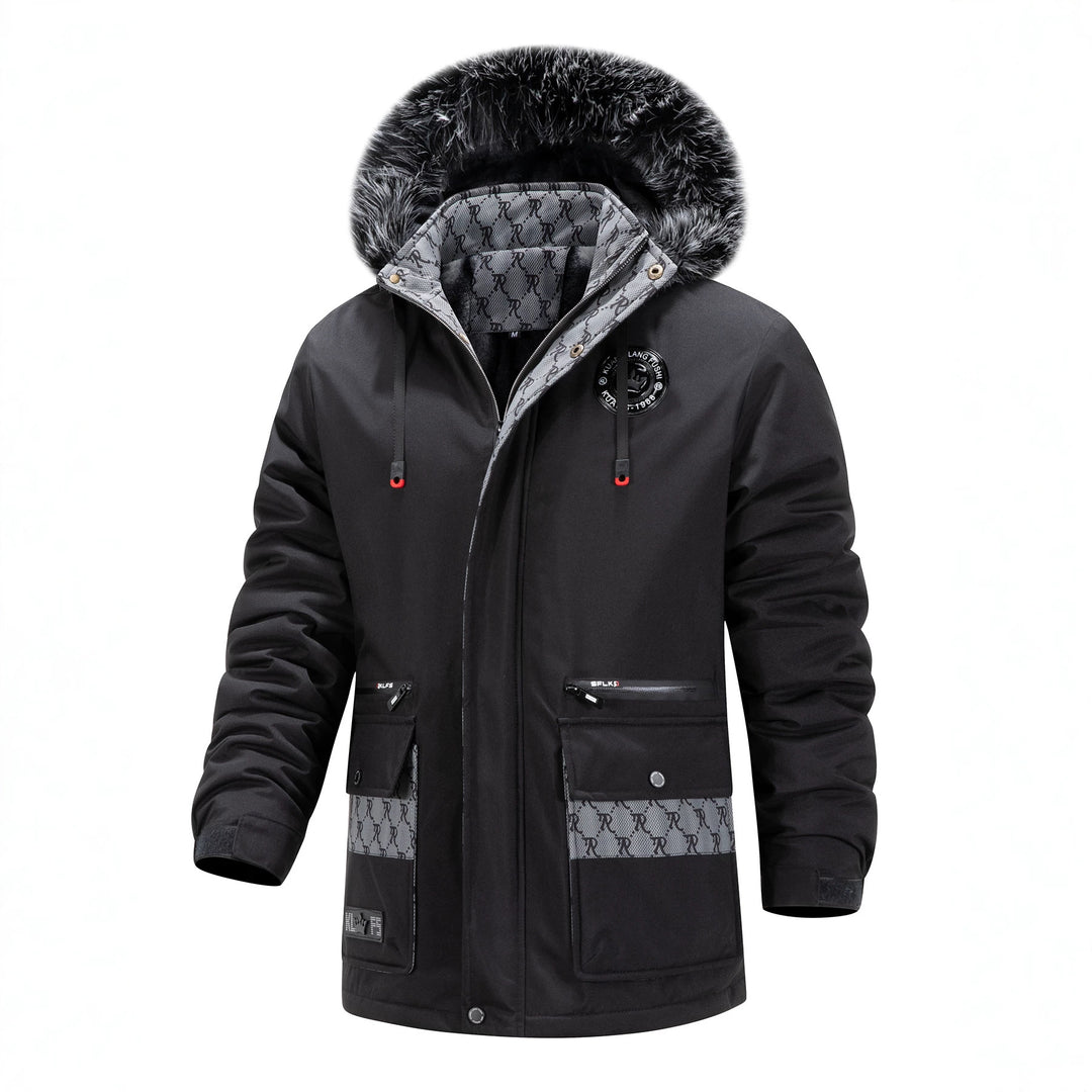 Herren Langer Thermo-Parka mit Kapuze, Logo-Innenfutter und Multifunktions-Taschen Shop Nory