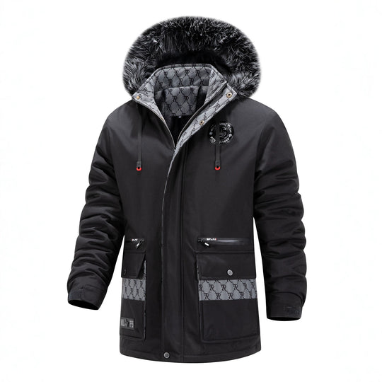 Herren Langer Thermo-Parka mit Kapuze, Logo-Innenfutter und Multifunktions-Taschen Shop Nory