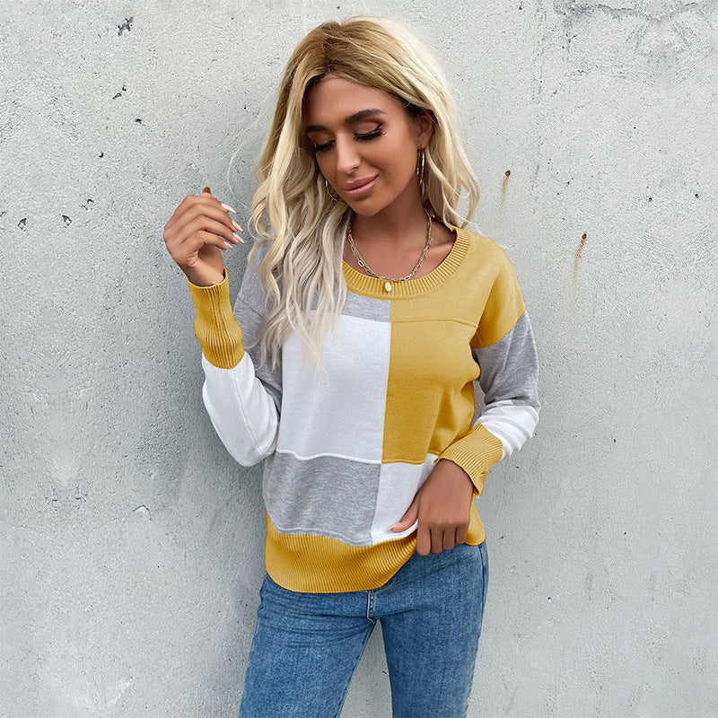 Damen Patchwork-Strickpullover mit kontrastierenden Feldern, Rundhalsausschnitt und gerippten Abschlüssen Shop Nory