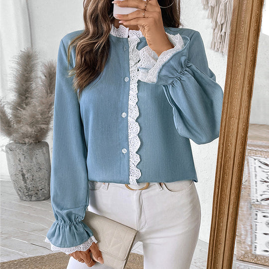 Damen Romantische Bluse mit Häkelspitzen-Besatz und Ballonärmeln Shop Nory