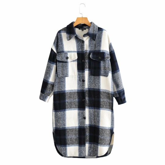 Damen Oversize-kariertes Longline-Überhemd mit Brustklappen Shop Nory
