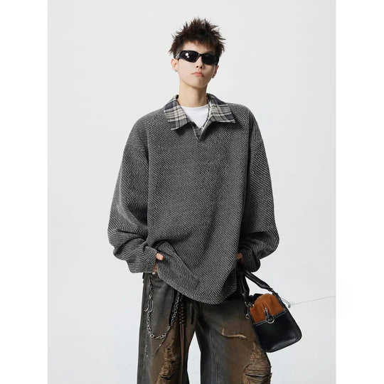 Herren Oversize Strukturiertes Sweatshirt mit Polokragen und diagonaler Strickstruktur Shop Nory