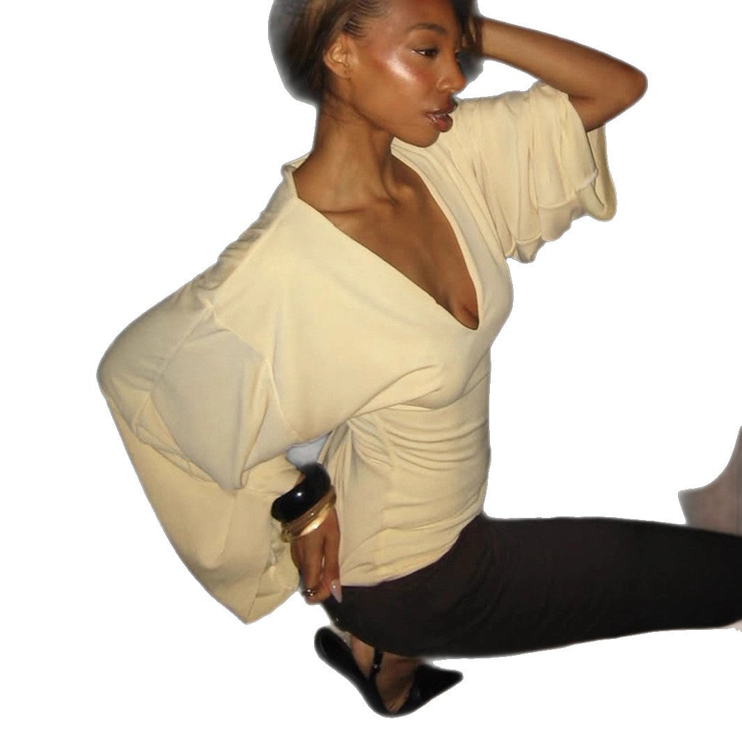 Damen nan tailliertes Langarm-Cropped-Shirt mit V‑Ausschnitt, überschnittener Schulter und soften Jersey-Qualität Shop Nory