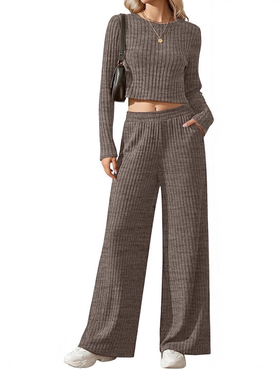 Damen Geripptes Feinstrick-Lounge-Set mit Cropped Langarmtop und High-Waist Palazzohose Shop Nory