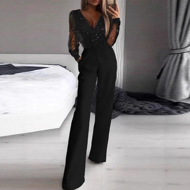 Damen Elegante Jumpsuit mit transparenter Bluse und schimmernden Akzenten