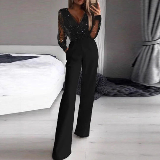 Damen Elegante Jumpsuit mit transparenter Bluse und schimmernden Akzenten