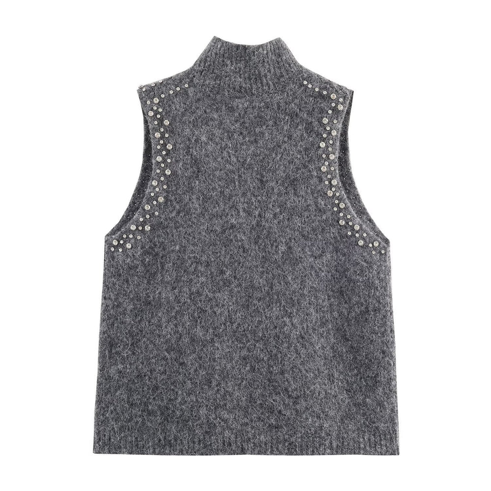 Damen ärmelloses Strickoberteil mit eleganten Perlenverzierungen