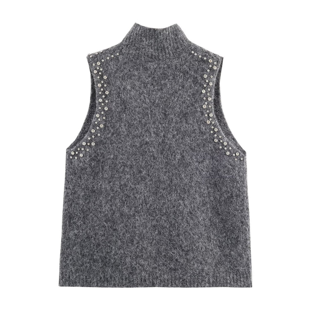 Damen ärmelloses Strickoberteil mit eleganten Perlenverzierungen