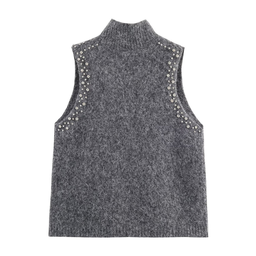 Damen ärmelloses Strickoberteil mit eleganten Perlenverzierungen