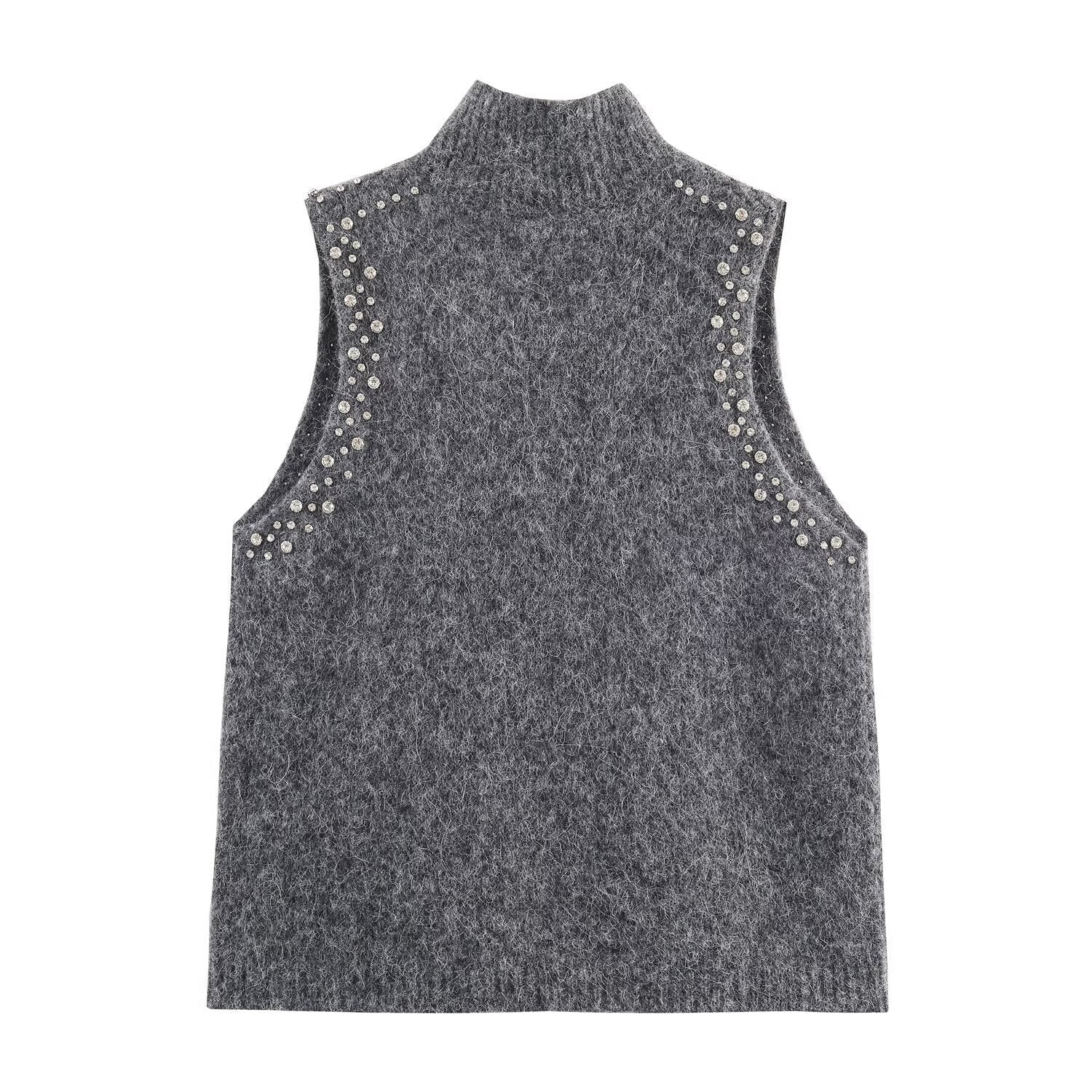 Damen ärmelloses Strickoberteil mit eleganten Perlenverzierungen