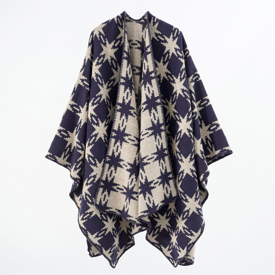 Damen Oversize-Jacquard-Cape mit Sternmotiv und kontrastierter Kettelkante Shop Nory